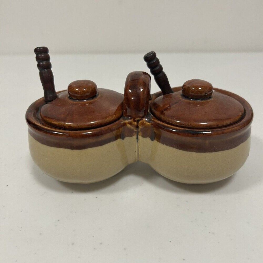 Condiment Relish Double Bowl with Lids and Spoons Vintage Brown Stoneware
